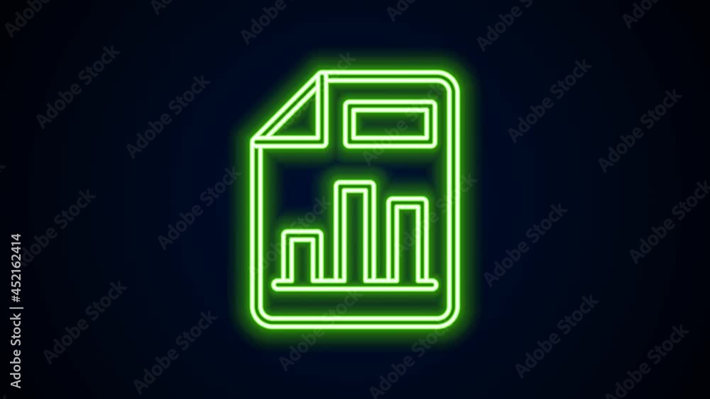 Poster glowing neon line document with graph chart icon isolated on black background. report text file icon