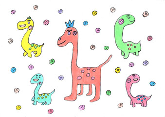 Fototapeta na wymiar Hand drawing of Dinosaurus cartoon character,paint with multicolor,