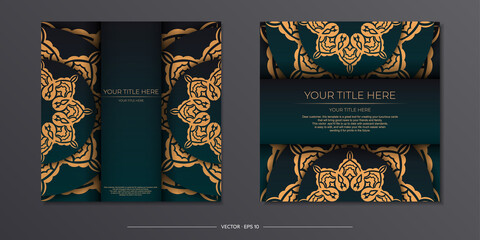 Stylish Template for print design postcard green with vintage ornament. Preparing an invitation with dewy patterns.