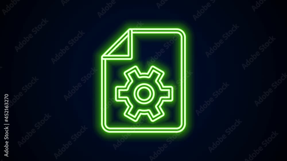 Poster glowing neon line document settings with gears icon isolated on black background. software update, t