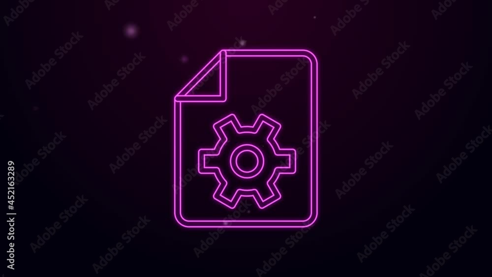 Poster glowing neon line document settings with gears icon isolated on black background. software update, t