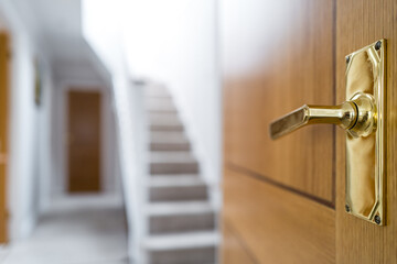 Shallow focus of a gold-coloured internal door handle seen in a lobby area of a large, evenly built home.