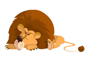 Lion sleeping, isolated on white background. Design in cartoon style. Wildlife animal. The predator is resting. Vector illustration.