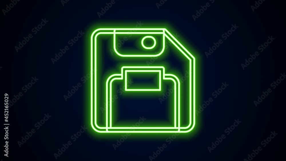 Poster glowing neon line floppy disk for computer data storage icon isolated on black background. diskette 