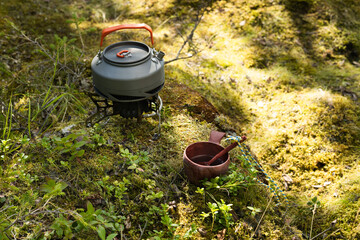 Camping teapot and mug with tea stand on green grass