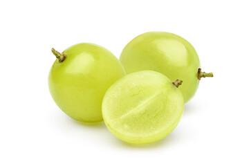 Green Seedless Grape with cut in half isolated on white background.