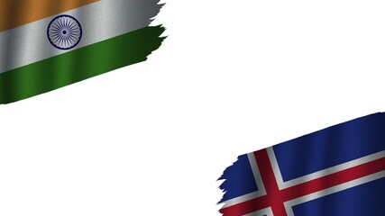 Iceland and India Flags Together, Wavy Fabric Texture Effect, Obsolete Torn Weathered, Crisis Concept, 3D Illustration