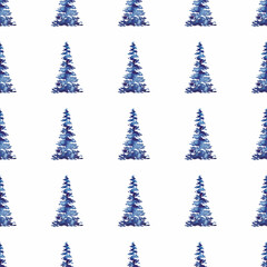 XMAS watercolor Fir Tree Seamless Pattern in Blue Color. Hand Painted Spruce Pine tree background or wallpaper for Ornament, Wrapping or Christmas Decoration