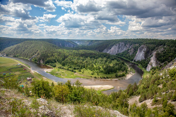 View of the Belaya river valley. Bashkiria National Park, Bashkortostan, Russia. Rocky coast, forest.