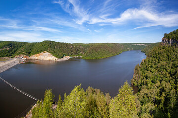 A large artificial reservoir among the mountains. Yumaguzinskoe reservoir, Bashkortostan.
