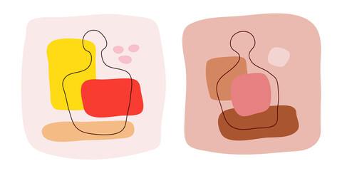 Tequila and wine bottle on abstract background. Hand drawn doodle various shapes, spots. Contemporary modern trendy illustration. Minimalistic сoncept of alcoholic beverages in flat style design