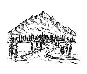 Mountain with pine trees and landscape black on white background. Alpine landscape, forest and mountains ranges. Hand drawn rocky peaks in sketch style. Vector illustration.