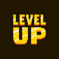 colorful simple flat pixel art illustration of cartoon golden inscription lettering level up on a black background