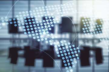 Abstract virtual world map with connections on a modern conference room background, international trading concept. Multiexposure