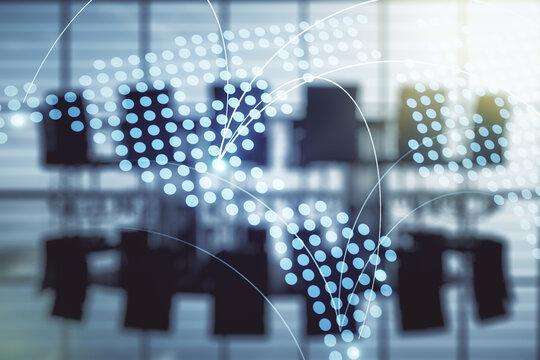 Abstract virtual world map with connections on a modern conference room background, international trading concept. Multiexposure