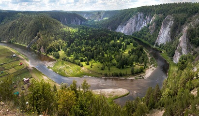 View of the Belaya river valley. Bashkiria National Park, Bashkortostan, Russia. Rocky coast, forest.