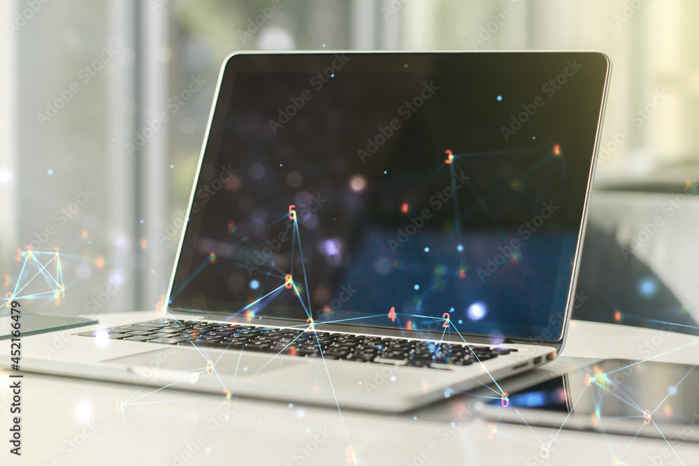 Aufkleber double exposure of technology hologram on laptop background. research and development software conce