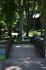 Large wooden bridge in the park. View of the city park with people resting. 09 July 2021, Istanbul, Turkey.