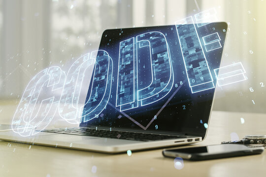 Creative Code word hologram on modern computer background, artificial intelligence and neural networks concept. Multiexposure