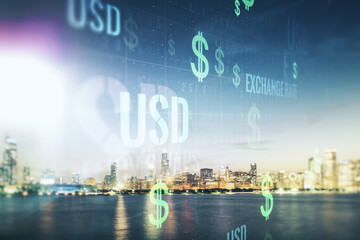 Double exposure of virtual USD symbols hologram on Chicago city skyscrapers background. Banking and...