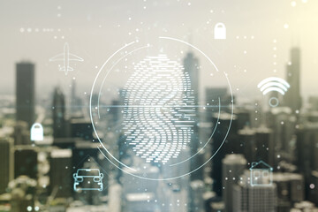 Multi exposure of virtual fingerprint scan interface on blurry office buildings background, digital access concept