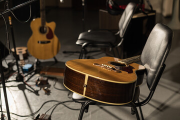 musical instruments on stage without musicians. concert cancellation empty stage