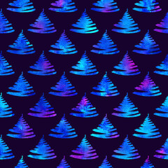 Obraz premium XMAS watercolour Fir Tree Seamless Pattern in White Color on Dark Blue background. Hand-Painted Spruce Pine tree wallpaper for Ornament, Wrapping or Christmas Decoration