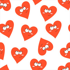 Hand drawn cute red hearts with funny faces. Vector seamless pattern hearts with faces emotions. Colorful characters. Hand drawn trendy Vector illustration for kids. Happy Valentine's day.