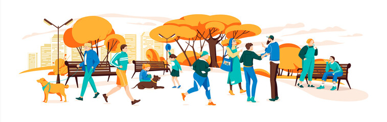 Set of people having rest in the autumn park.Various outdoor activities in the urban park.Illustration of recreation jogging with dog, exercise fitness outdoor.Vector illustration