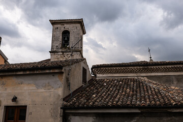 Castel di Sangro, historic center, view of the bell tower and the roofs of the houses.