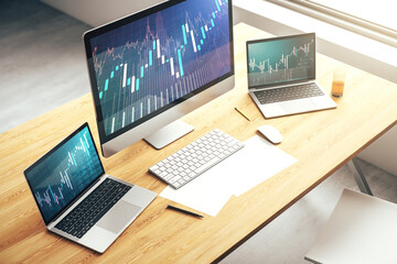 Computer monitor with abstract financial graph, finance and trading concept. 3D Rendering