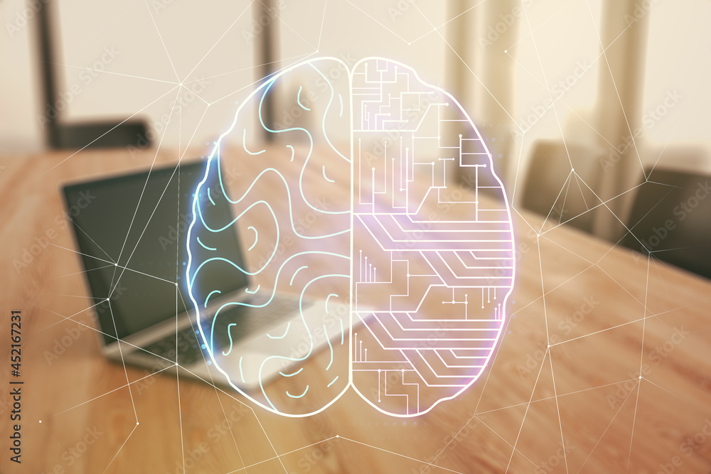 Poster double exposure of creative artificial intelligence symbol with modern laptop on background. neural 