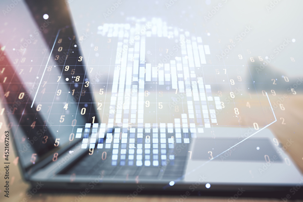 Poster creative bitcoin concept with modern computer background. double exposure