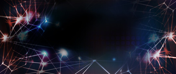 Naklejka na ściany i meble Panoramic abstract dot and triangle connection, Digital futuristic background. abstract, science, futuristic quantum computing, Line art modern vivid color digital technology panorama concept
