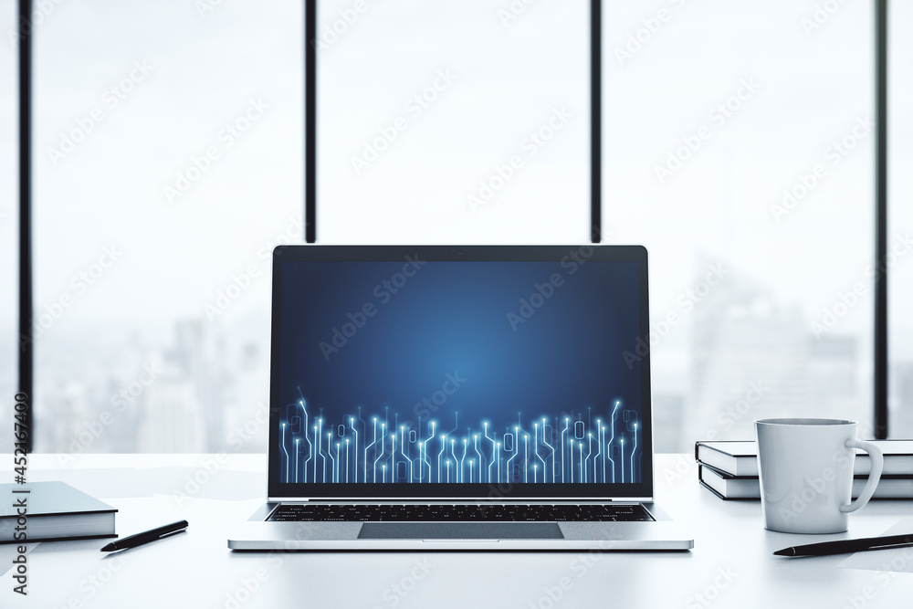 Leinwandbilder Creative concept of microscheme illustration on modern laptop screen. Big data and database concept. 3D Rendering