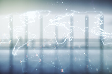 Multi exposure of abstract graphic world map hologram on abstract empty interior background, connection and communication concept