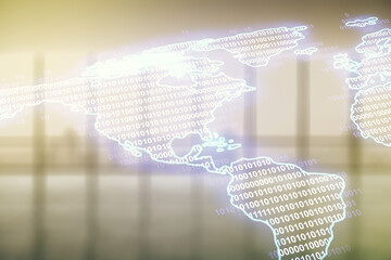 Digital map of North America hologram on modern interior background, global technology concept. Multiexposure