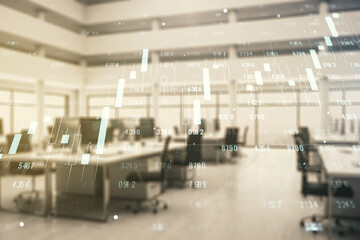 Double exposure of abstract virtual statistics data hologram on modern corporate office background, statistics and analytics concept