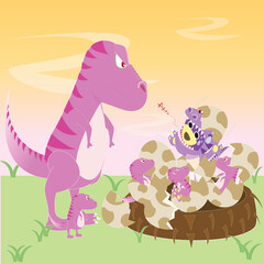 Pink dinosaur mom meet with her children and Mr.Purple bear in Dinosaur costume,Tyrannosaurus with children,T-rex pink family,Pink dino 