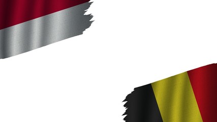 Belgium and Indonesia Flags Together, Wavy Fabric Texture Effect, Obsolete Torn Weathered, Crisis Concept, 3D Illustration