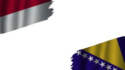 Bosnia and Herzegovina and Indonesia Flags Together, Wavy Fabric Texture Effect, Obsolete Torn Weathered, Crisis Concept, 3D Illustration