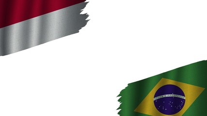 Brazil and Indonesia Flags Together, Wavy Fabric Texture Effect, Obsolete Torn Weathered, Crisis Concept, 3D Illustration