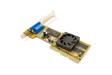 Close up of old AGP VGA card on white background, isolated.