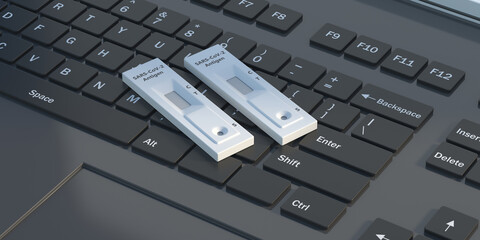 Covid 19 positive and negative result self tests on black laptop background. 3d illustration