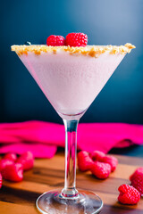 Raspberry Cheesecake Martini with a Berry Garnish: Raspberry cheesecake martini in a cocktail glass rimmed with graham cracker crumbs