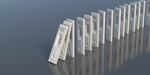 Covid 19 rapid self tests on gray color background. 3d illustration
