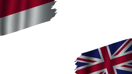 United Kingdom and Indonesia Flags Together, Wavy Fabric Texture Effect, Obsolete Torn Weathered, Crisis Concept, 3D Illustration