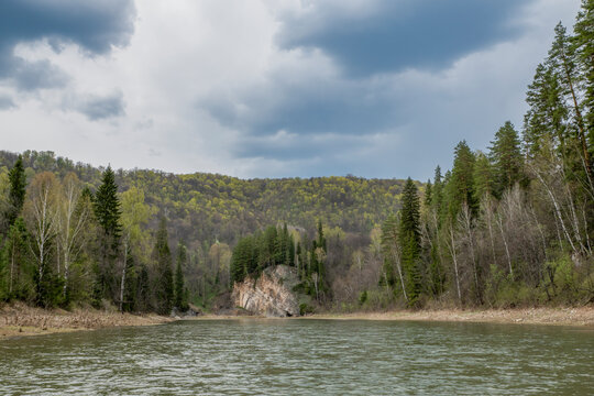Landscape, nature, spring, cloudy day, Bashkortostan, Near the Zilim river, water, reflections, panorama, forest, trees, firs, firs, thickets, beauty, space, distance, horizon, light, shadow