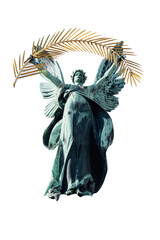 The figure of a woman with a golden palm branch in her hands as a symbol of Glory.  An ancient statue isolated on white background.