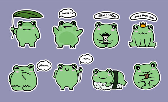 Naklejki Cute emoticons character cartoon frog stickers emoticons with different emotions. Green frog. Vector illustration. 1 set